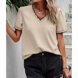Inspiration Comes AB Women Scallop Trim Contrast Blouse Top Beige Large NEW